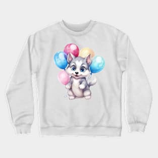 Siberian Husky Dog Holding Balloons Crewneck Sweatshirt